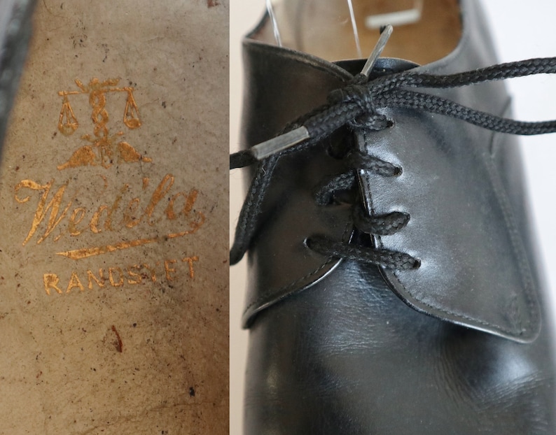 May include: Black leather dress shoe with black laces. The shoe features a classic design with a rounded toe and a low heel. The insole is stamped with gold lettering and a scale logo, reading "Weidha Randsyet."