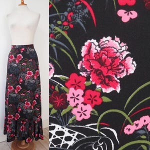 Black 70s Maxi Skirt With Bright Colored Floral Print // High Waisted Maxi // Size XS