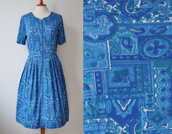 Blue 60s Dress With Green/White Pattern // Shelton