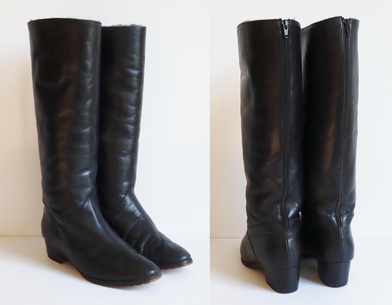 Black 70s80s Leather Boots - Back Zippered - Teddy Lining