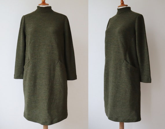 Olive Green Vtg. Knit Dress // High Necked Dress W