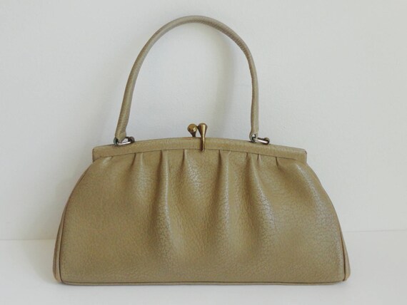 Green/Beige 50s Vintage Top Handle Leather Bag Wit