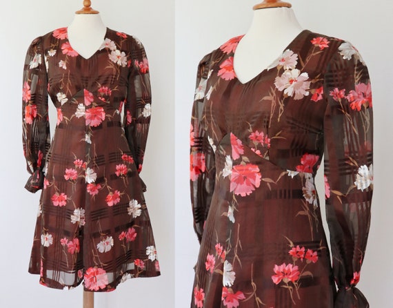 Lovely 60s Chiffon Vtg. Dress // Brown With White… - image 1