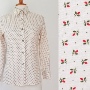 Ivory Fitted Lady Shirt With Red Green Mini Print // Kreta // Bavarian Shirt // 100% Cotton // Size S