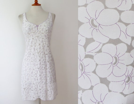 White 60s Semi Sheer Slip Dress With Purple/White… - image 1
