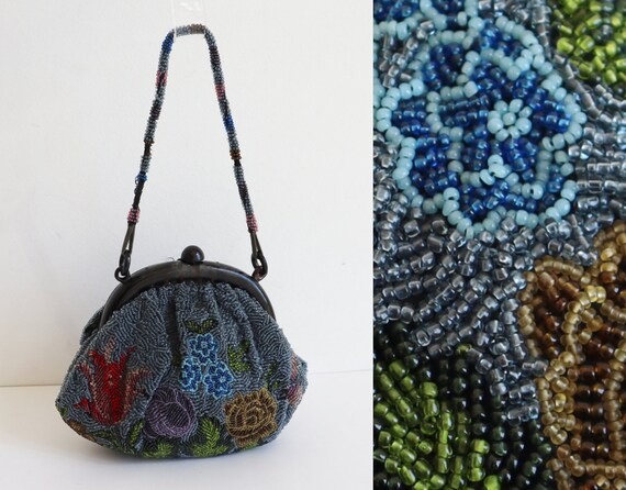Blue 20s Beaded Vintage Purse With Lovely Flower … - image 3