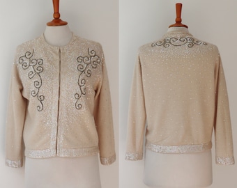 Ivory 50s60s Vtg. Knit Cardigan With Clear Rainbow Colored And Gray Sequins/Beads // Wool