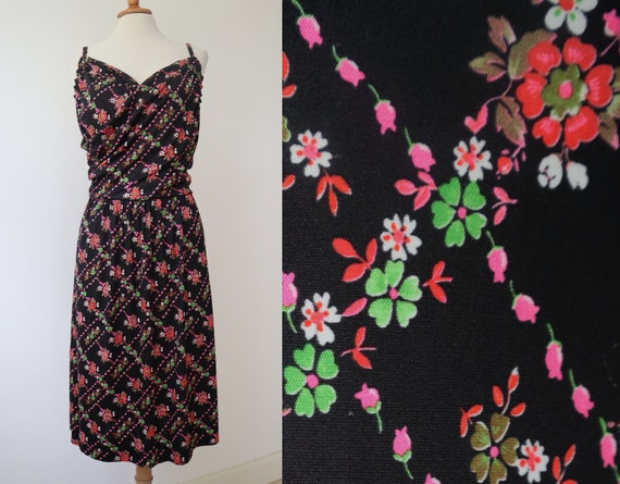 Black 70s Vintage Summer Strap Dress // Pink Gree… - image 2