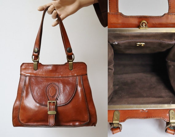 60s Vintage Leather Top Handle Bag With Golden Buc