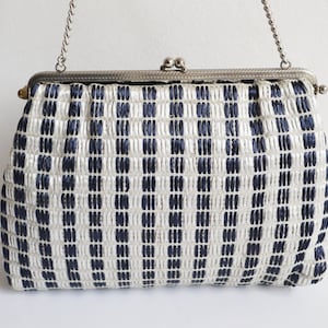 Blue White 60s Bast Bag With Silver Closure // Vegan Bag