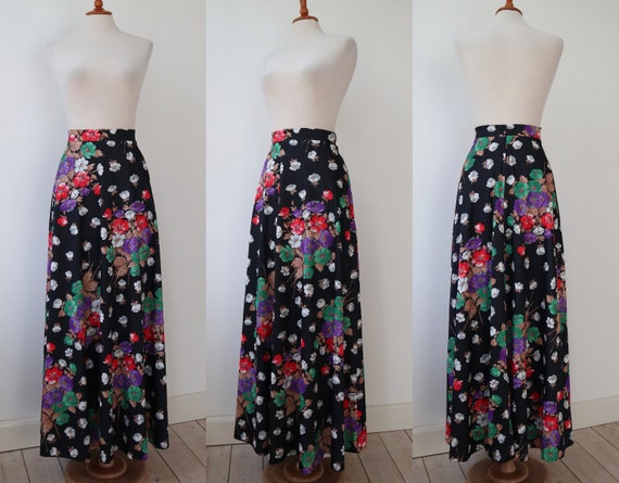 Black 70s Vtg. Maxi Skirt With Bright Colored Flo… - image 3