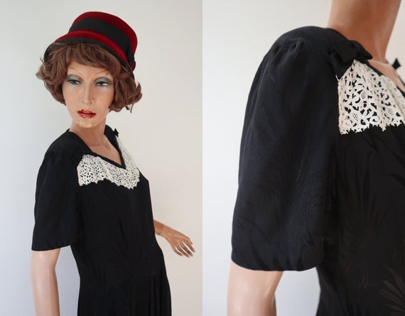 Black 40s Vintage Maxi Dress With White Lace Bows… - image 4