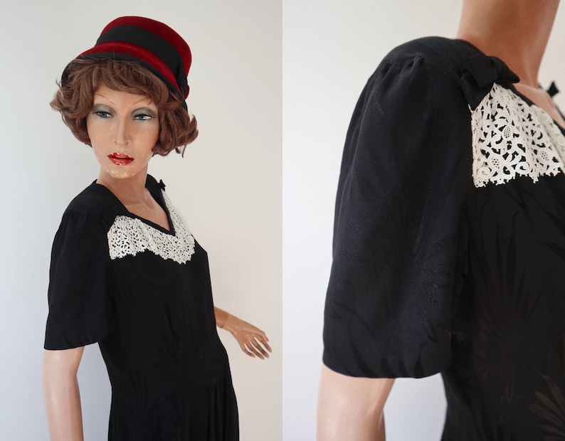 Black 40s Vintage Maxi Dress With White Lace Bows // Buttoned Back // Vibrant Leaf Pattern image 4