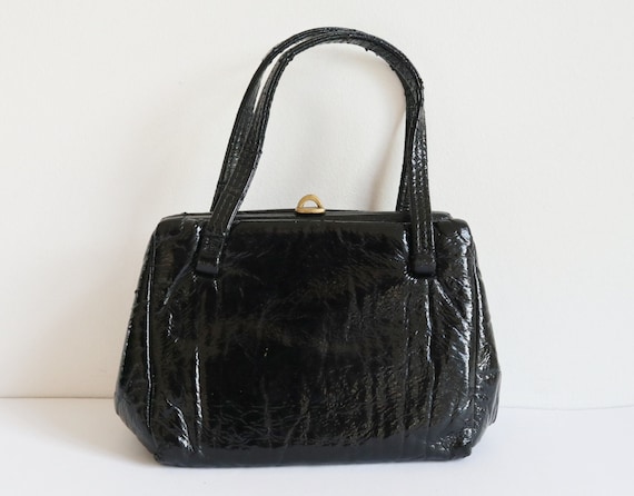 Black 60s Vintage Top Handle Vinyl Bag  // Golden… - image 1