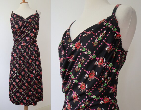 Black 70s Vintage Summer Strap Dress // Pink Gree… - image 10