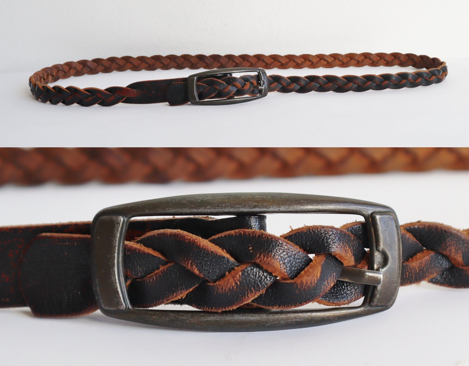 ブラウン編み込みヴィンテージレザーベルト、メタルバックル付き