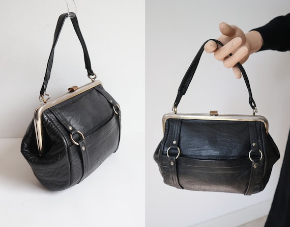 north wave革製バッグ Black 60s Vtg. Top Handle Bag With Golden Closure // Nordisk