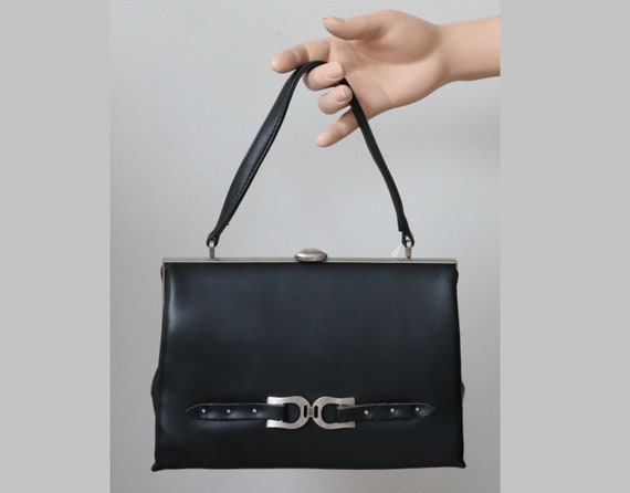 Black 60s Vintage Top Handle Bag With Silver Buckl