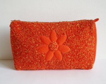 Orange Frottee Stoff Vtg. Kulturtasche mit Blume // Reißverschluss