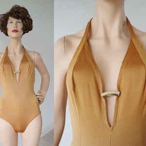 Camel Brown/Golden Swimsuit // Deep V Open Front With Golden Metal Insert // Halterneck Swimsuit // Size S