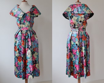 Gorgeous One Of A Kind Floral Dress With Huge Collar / 2 Piece Set - Top Skirt In Bright Colors With Draped Hips With Stiffeners / Handmade