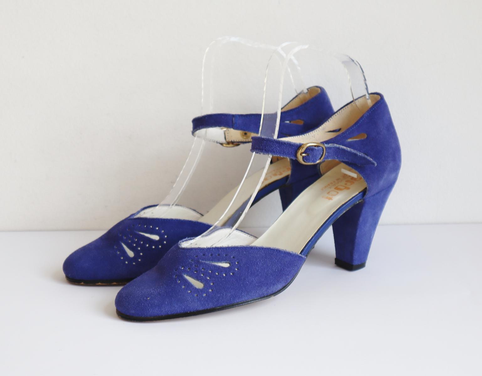Escarpins Vintage Silvy Cuir Daim Noir Et Violet - Taille 36, Talon Aiguille 8 Cm, Neufs