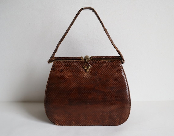 Brown 50s Leather/Reptile Top Handle Bag // Snake