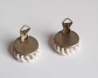 Boucles D'oreilles Clip Vintage Années 60 - Perles Blanches & Grises, Argent Massif