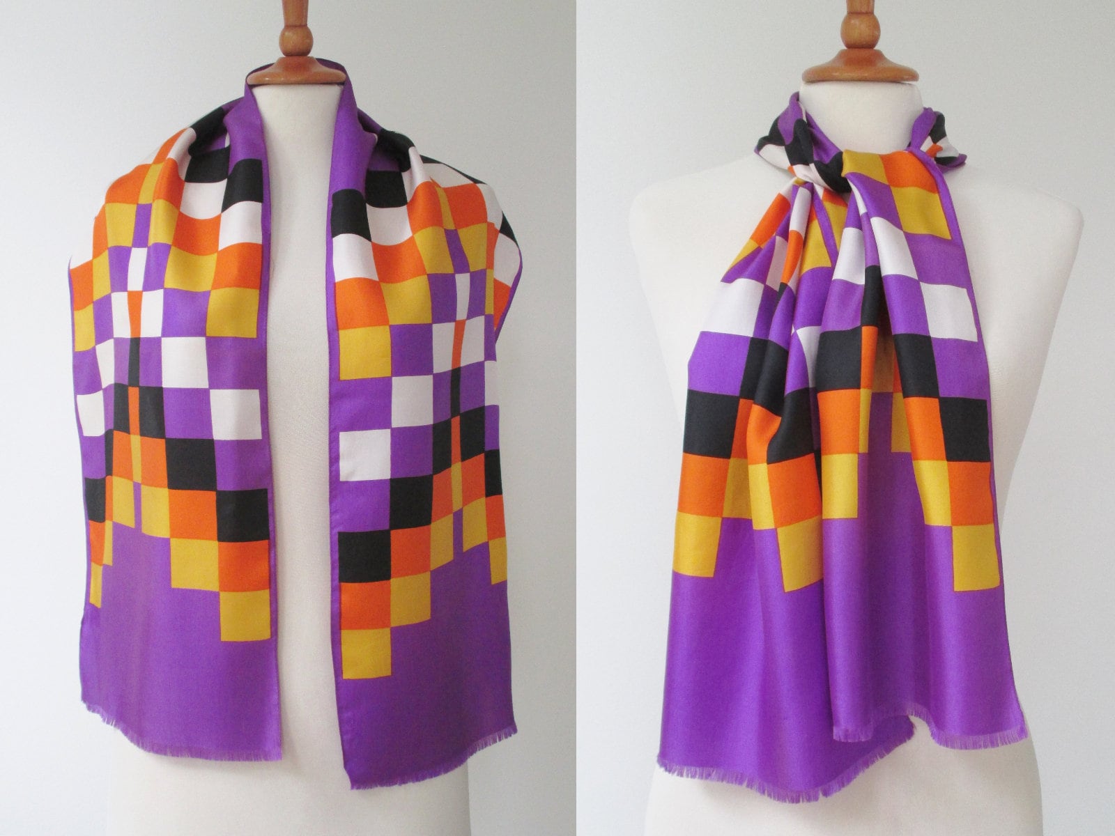 Purple Vintage Scarf With Orange Yellow Black And White Squares  100% Silk