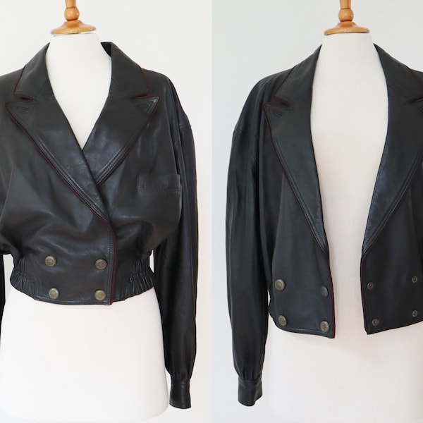 Veste en cuir vintage noire des années 90 très douce avec ruban de couleur prune//veste en cuir pour femme//taille 44