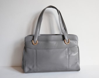 Gray 60s Vintage Vegan Top Handle Bag With Golden Metal