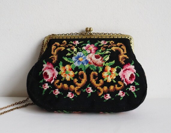 60s Hand Embroidered Top Handle Bag With Flowers /