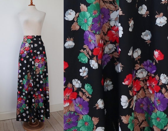 Black 70s Vtg. Maxi Skirt With Bright Colored Flo… - image 2