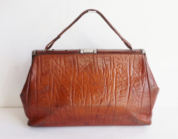 Spacious Brown 30s Vtg. Leather Top Handle Bag Wi… - image 4