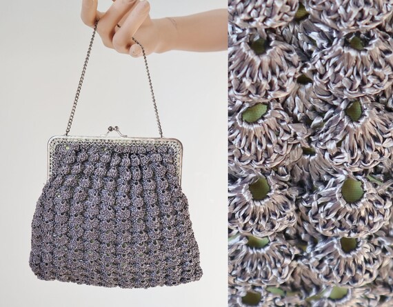 60s Vtg. Chrocheted Top Handle Bag // Gray // Silv