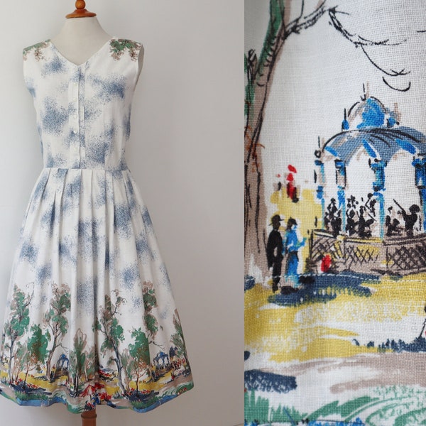 White Handmade 50s Dress With Novelty Print // Garden Party // Big Trees // 100% Cotton // Size S/M