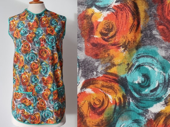 50s Vintage Apron/top With Abstract Orange Green Floral Print