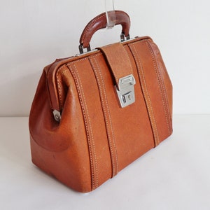 70s Vintage Hard Case Tan Leather Top Handle Bag