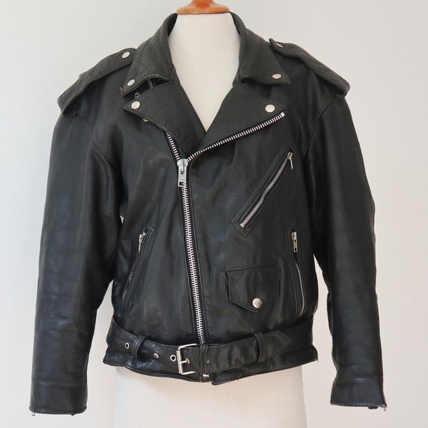 Blouson motard vintage en cuir noir cool des années 80 avec fermetures éclair argentées