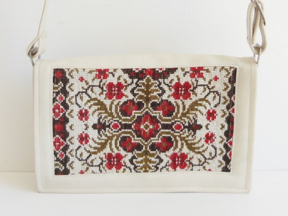 60s Tapestry Vintage Vegan Bag // Ivory Red Green