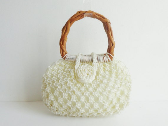 White 60s Vintage Vegan Top Handle Bag With Rattan