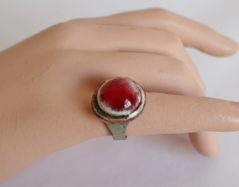 Raw 70s Pewter Vintage Ring With RedWhite Stone Adjustable Fits All