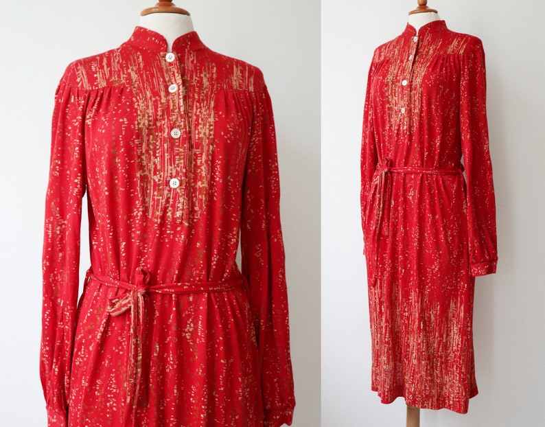 Dress Belted Belted Size M Red Beige 80s Vtg