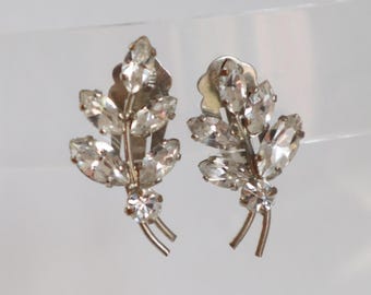 Silver Leaf Ear Clips With Rhinestones