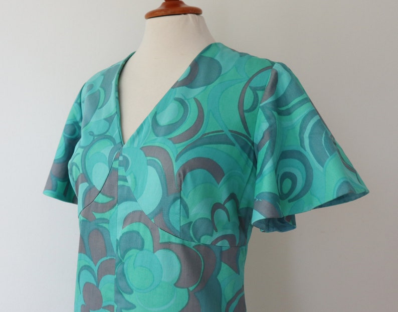 Green 70s Maxi Dress Blue Pink Abstract Pattern Cotton Size M