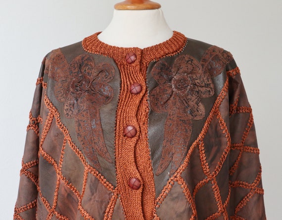 Brown 80s Leather/Knit Patch Work Cardigan //Batw… - image 4