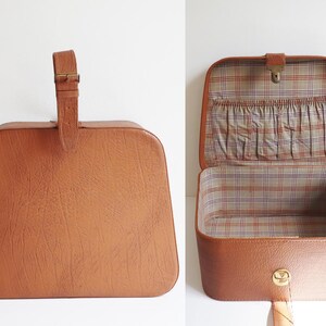 Bruin jaren 40/50 Vtg. Hoedendoos/handtas/reistas met sleutel // geruite voering // veganistisch