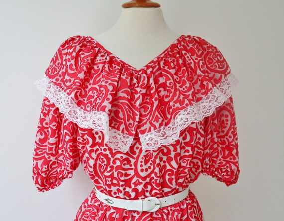 70s Vintage Maxi Dress // Red White Paisley Print… - image 6