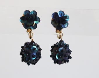 Golden 60s Beaded Dangle Ear Clips // Blue Sequins/Black Beads // Clip On Earrings