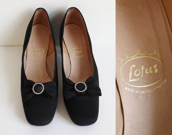 Black 60s Fabric Shoes With Bow With Rhinestones Lotus Size 38 5 Made in UK Etsy Canada